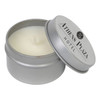 A vanilla scented candle in a silver tin container with an open lid. Features branding on the lid.