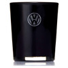 A black glass candle with a circular logo on the front, featuring a metallic base.