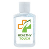 A clear 60ml hand sanitiser gel bottle with a white cap and a logo on the front. Contains 75% ethyl-alcohol.