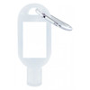 A clear 30mL hand sanitiser with a silver carabiner attached, featuring a blank area for custom branding.
