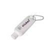 A white 50mL sunscreen bottle with a carabiner attached, featuring a logo on the front.