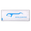A clear case containing dental floss picks, featuring a blue design and a logo. The pack includes 25 floss picks.