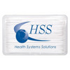 A clear container holding multiple white dental floss picks, featuring a logo on the front.