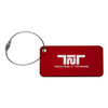 A red luggage tag with a silver wire loop and a logo printed on the front.