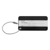 A black luggage tag with a clear section for personal information and a metal attachment cable.
