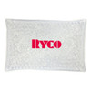 A clear cooling pack filled with small beads, featuring a logo in bold pink.