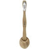 A bamboo toothbrush in natural tan colour, with soft bristles, resting in a round holder. It features a logo.