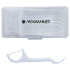 A white dental floss pack containing 20 pieces, with a plastic floss holder included. The pack features a logo.