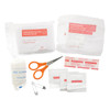 A first aid travel kit featuring white packaging, scissors, bandages, and various medical supplies in a compact arrangement.