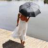 A black umbrella with a logo, held by a person in a white dress near a water body.