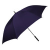 A navy umbrella with a black handle and a logo on the canopy.