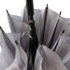 A corporate umbrella in grey with multiple panels and a central black handle, featuring a logo on the shaft.