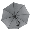 A grey corporate umbrella with a black handle, featuring a simple design and a logo on the canopy.
