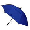 A blue umbrella with a black handle and a logo on the rib.