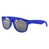 A pair of blue sunglasses with grey lenses and a logo on the side.