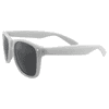 White sunglasses with dark lenses, featuring a classic frame design and logo detailing on the side.