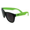 Retro sunglasses featuring black frames and bright green arms, with a logo on the side. Suitable for leisure and outdoor use.