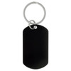 A black dog tag keychain with a silver keyring attached.