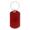 A red dog tag keychain with a metal ring for attachment. The tag has a smooth surface and rounded edges.