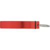 A drink bottle opener in red with a silver keyring attachment. It features a simple, flat design.