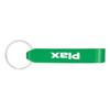 A drink bottle opener in bright green with a keyring attachment, featuring a logo on one side.