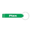 A drink bottle opener in green with a keyring attachment and a logo.
