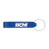 A drink bottle opener in blue with a silver keyring attachment and a logo.