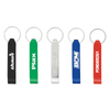 A collection of five bottle openers in black, green, silver, blue, and red, each with a keyring attachment and branding.