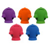 Five colourful money boxes shaped like cute piglets in purple, orange, green, pink, and blue, with black eyes and a logo.