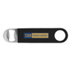 A drink bottle opener in black with a metallic bottle-opening end and a logo.