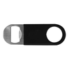 A drink bottle opener featuring a stainless steel end with a black vinyl handle and a circular hole for easy grip.