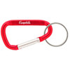 A red 60mm carabiner with a silver keyring, featuring a logo on one side.