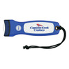 A blue and white flashlight with a handle and a wrist strap, featuring a branding logo.