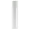 A clear lip balm container with a white cap, featuring a simple design and a visible branding logo.