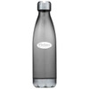 A drink bottle made of grey plastic with a sleek design and a metallic cap, featuring a logo.
