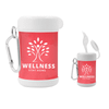 A pink antibacterial wipes canister with a white lid and a carabiner. It features a logo.
