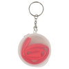 A red reusable silicone straw coiled inside a transparent round case with a keyring attachment.