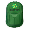 A green container with a logo on the front, featuring a hinged lid and a smooth surface.