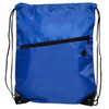 A blue drawstring bag featuring a zippered pocket and black accents, with a logo on the front.
