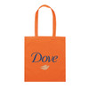 An orange tote bag featuring a logo and the word "Dove" in blue lettering. It has two handles for carrying.