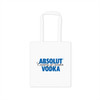 A white tote bag featuring a logo in blue text. It has two handles for carrying.