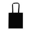 A black tote bag with two handles and a blank surface, featuring a logo on one side.