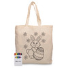 A cream calico tote bag with a bunny design and a set of colourful crayons beside it. Features a brand logo.