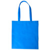 A blue shopping tote bag with v gusset and two handles, featuring a logo on one side.