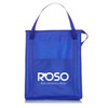 A blue insulated grocery tote with dual handles and a logo on the front.
