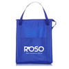 A blue insulated grocery tote with two handles and a logo on the front.