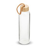 A drink bottle made of clear glass with a bamboo lid and a rope handle.