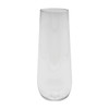A stemless shatterproof champagne glass in clear plastic with a smooth, modern design. It features a logo.