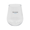 A stemless, shatterproof white wine glass in clear plastic featuring a logo.