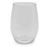 A clear, stemless shatterproof red wine glass with a smooth, rounded shape. Features branding on the side.